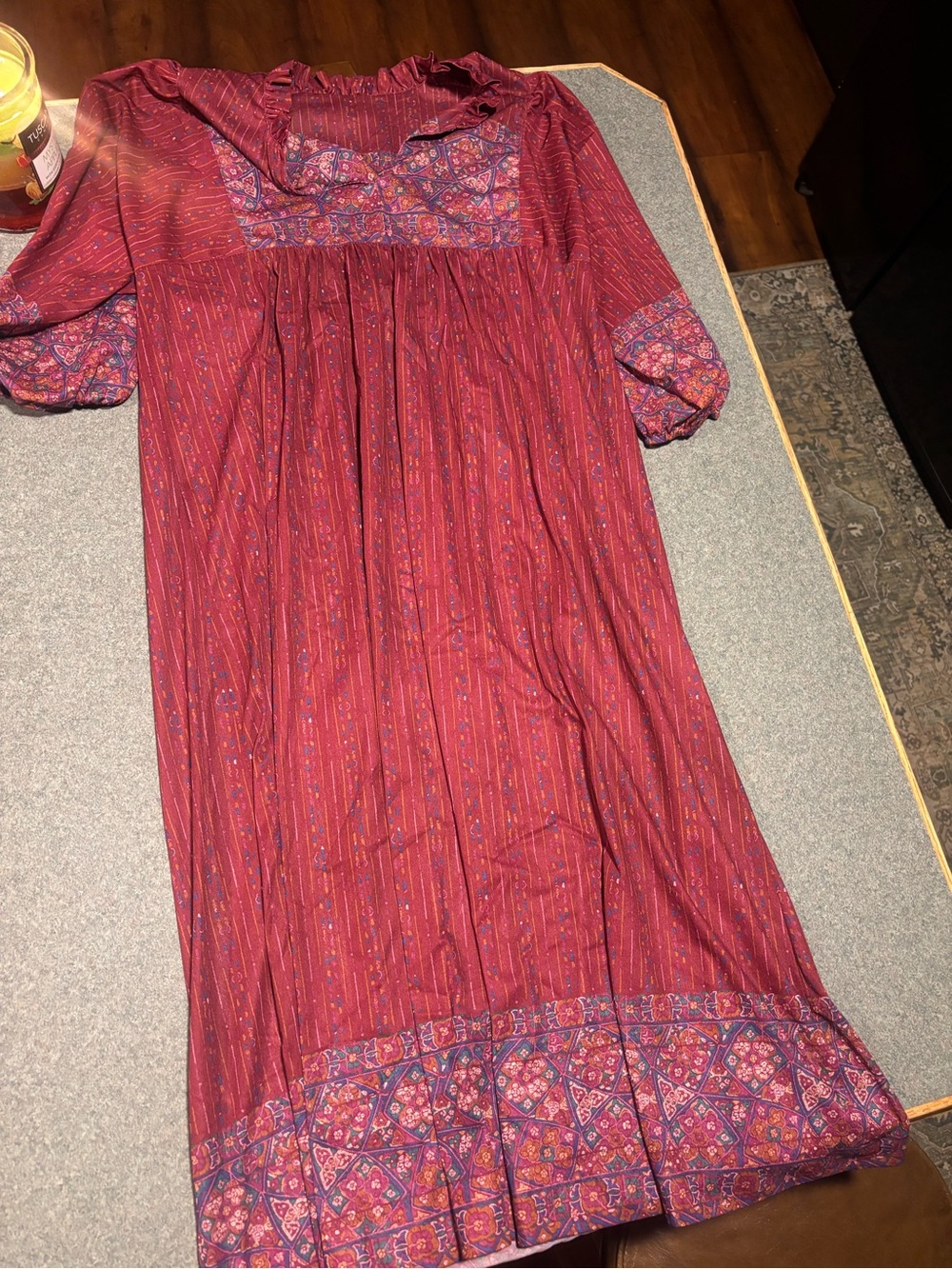 Bohemian Burgundy Midi Dress with Patchwork Trim